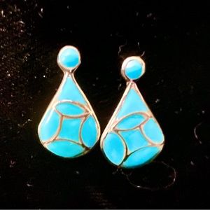 Contemporary Zuni Handmade Turquoise W Sterling Silver Channel Inlay Earrings